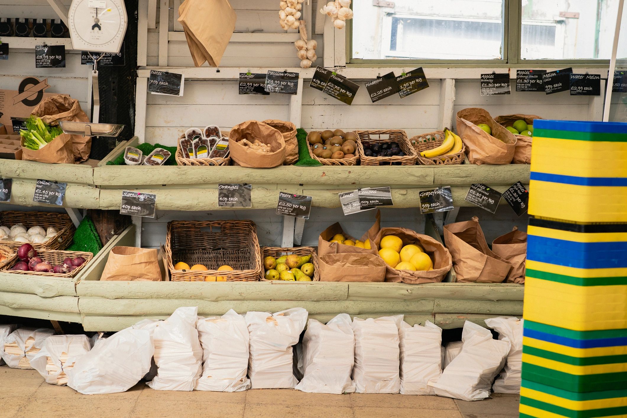 Fresh fruit baskets and orchard produce prepared for bulk market sourcing