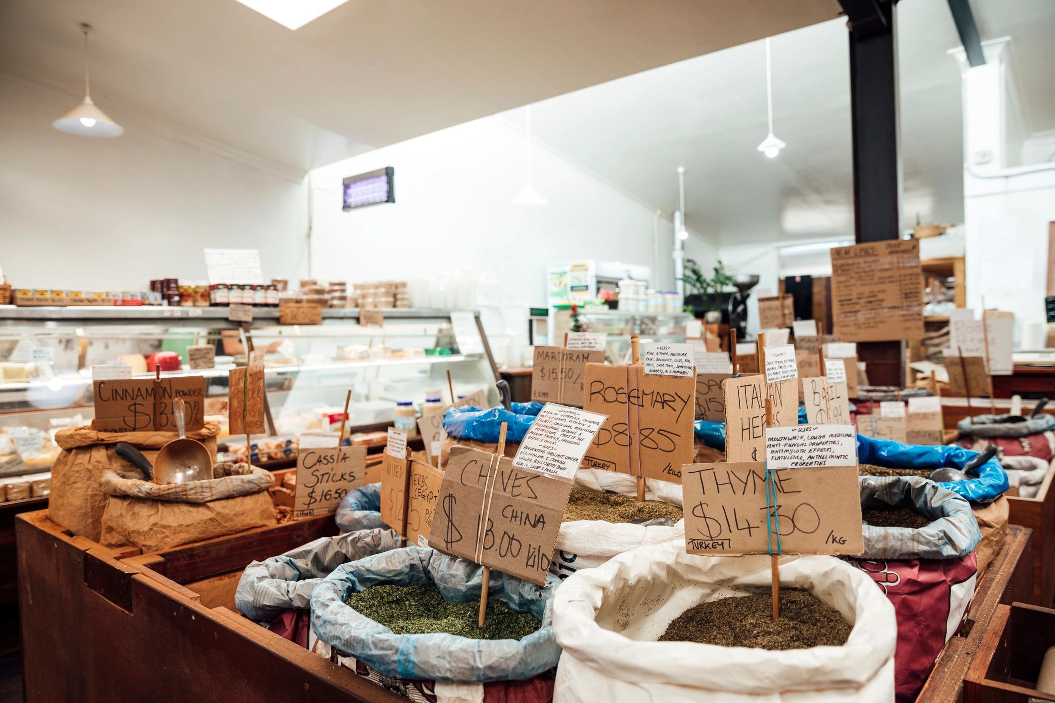 Sacks of herbs and spices in a market for wholesale trade