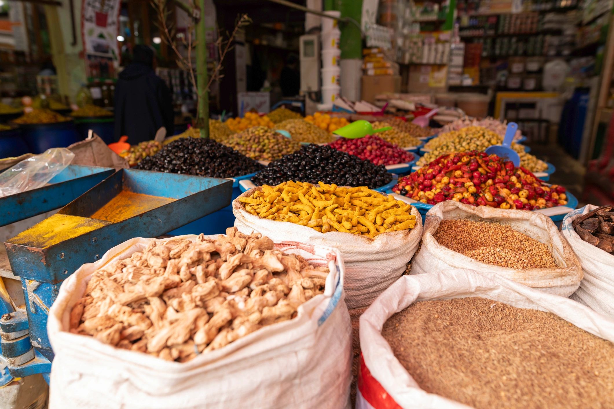Bulk dry goods and sacks representing dry fruits and wholesale packaging