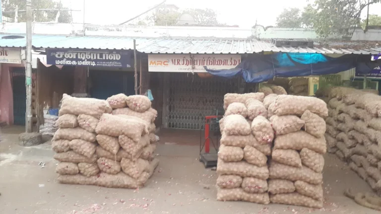 Onion sacks stacked at an onion mandi in India